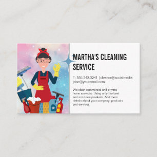 Vrouw met schoonmaakmiddelen   schoonmaken van het visitekaartje