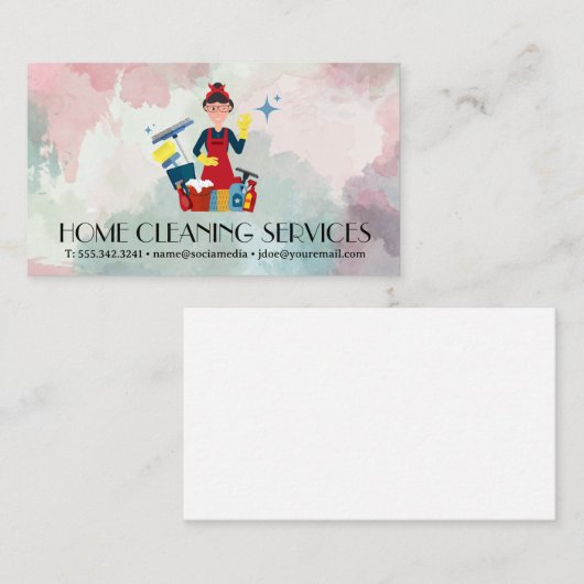 Vrouw met schoonmaakmiddelen visitekaartje (Voorkant / Achterkant)
