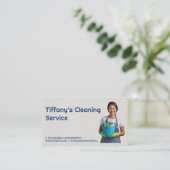 Vrouw met schoonmaakproducten visitekaartje (Staand voorkant)