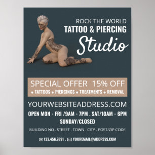 Vrouw met tatoeage, Tattoo & body Piercing Studio Poster
