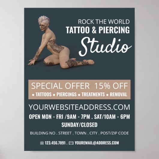 Vrouw met tatoeage, Tattoo & body Piercing Studio Poster (Voorkant)