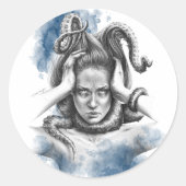 Vrouw met tentakels in surrealistische haarfantasi ronde sticker (Voorkant)