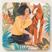 Vrouw met tijgerzonsonderend oerwoud bier onderzetter (Voorkant)