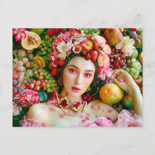 Vrouw met tropisch fruit en bloemaccenten briefkaart