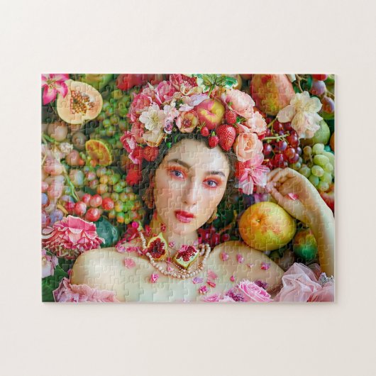 Vrouw met tropisch fruit en bloemaccenten legpuzzel (Horizontaal)