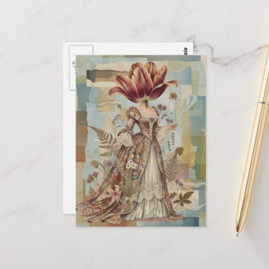 Vrouw Met Tulp Als Hoofd Collage Briefkaart (Voorkant / Achterkant in situ)