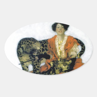 Vrouw met twee wilde luipaard huisdieren ovale sticker