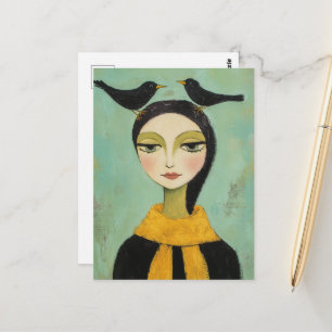 Vrouw met twee zwarte vogels briefkaart