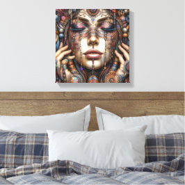 Vrouw met uitgebreide tribal-geïnspireerde versier canvas afdruk