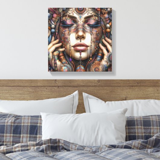 Vrouw met uitgebreide tribal-geïnspireerde versier canvas afdruk (Insitu (Slaapkamer))
