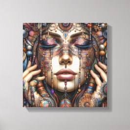 Vrouw met uitgebreide tribal-geïnspireerde versier canvas afdruk