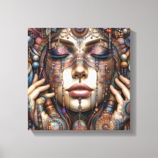 Vrouw met uitgebreide tribal-geïnspireerde versier canvas afdruk (Voorkant)