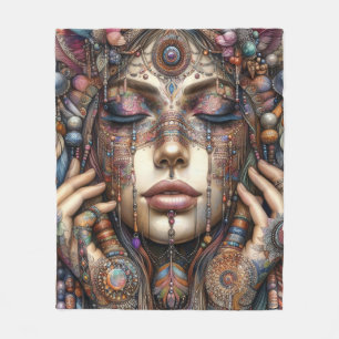 Vrouw met uitgebreide tribal-geïnspireerde versier fleece deken