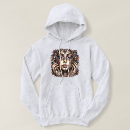 Vrouw met uitgebreide tribal-geïnspireerde versier hoodie (Design voorkant)