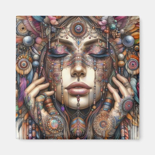 Vrouw met uitgebreide tribal-geïnspireerde versier magneet (Voorkant)