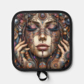 Vrouw met uitgebreide tribal-geïnspireerde versier pannenlap (Voorkant)