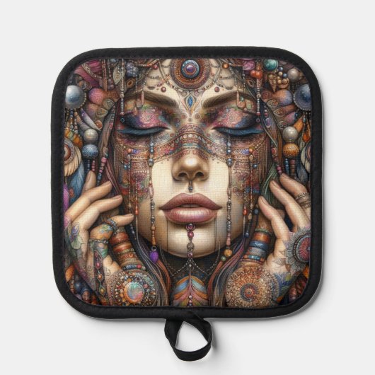 Vrouw met uitgebreide tribal-geïnspireerde versier pannenlap (Voorkant)