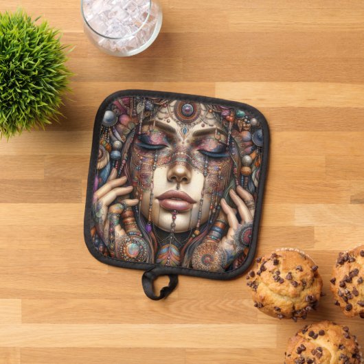 Vrouw met uitgebreide tribal-geïnspireerde versier pannenlap (Top down)