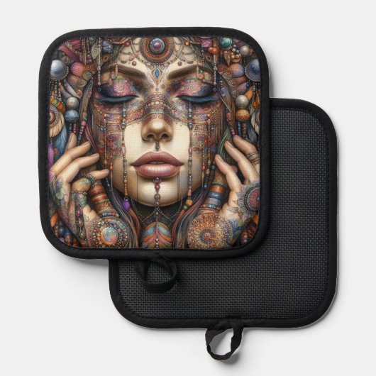 Vrouw met uitgebreide tribal-geïnspireerde versier pannenlap (Voorkant / Achterkant)