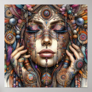 Vrouw met uitgebreide tribal-geïnspireerde versier poster