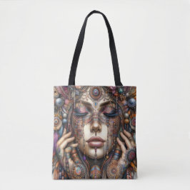 Vrouw met uitgebreide tribal-geïnspireerde versier tote bag