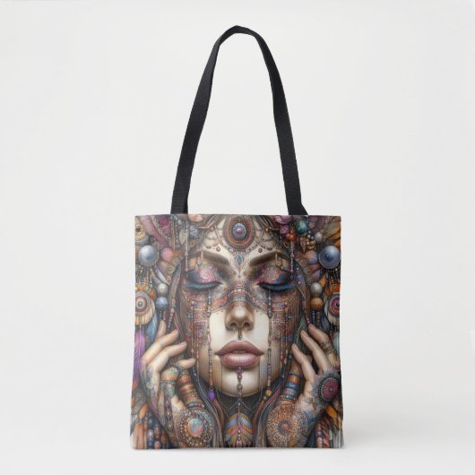 Vrouw met uitgebreide tribal-geïnspireerde versier tote bag (Voorkant)