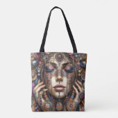 Vrouw met uitgebreide tribal-geïnspireerde versier tote bag (Achterkant)