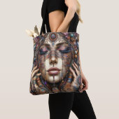 Vrouw met uitgebreide tribal-geïnspireerde versier tote bag (Dichtbij)