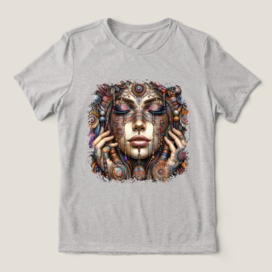 Vrouw met uitgebreide tribal-geïnspireerde versier Tri-Blend shirt (Design voorkant)