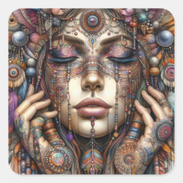 Vrouw met uitgebreide tribal-geïnspireerde versier vierkante sticker