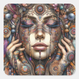 Vrouw met uitgebreide tribal-geïnspireerde versier vierkante sticker
