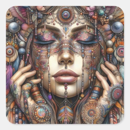 Vrouw met uitgebreide tribal-geïnspireerde versier vierkante sticker (Voorkant)