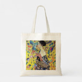 Vrouw met ventilator door Gustav Klimt Tote Bag (Achterkant)