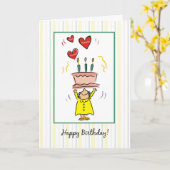 Vrouw met verjaardagstaart en harten Cartoon figuu Kaart (Gele Bloem)