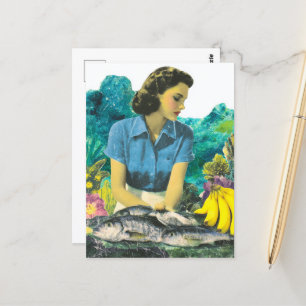 Vrouw met vis en bananen briefkaart