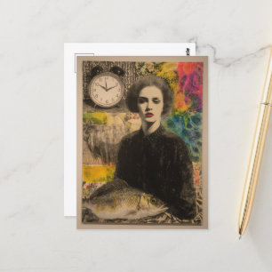 Vrouw Met Vis Mixed Media Collage Briefkaart