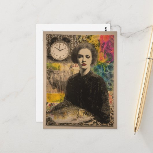 Vrouw Met Vis Mixed Media Collage Briefkaart (Voorkant / Achterkant in situ)