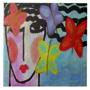 Vrouw met Vlinders Abstracte Digitale Schildering Tegeltje