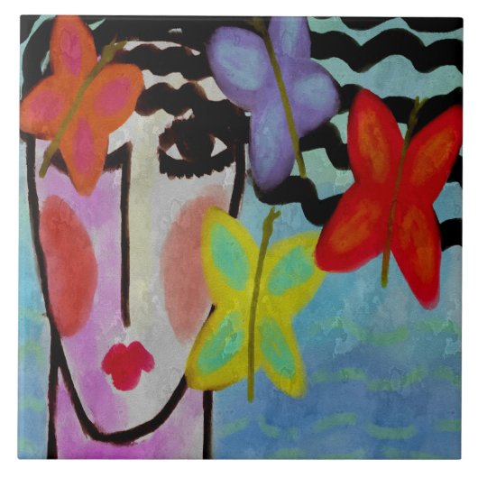 Vrouw met Vlinders Abstracte Digitale Schildering Tegeltje (Voorkant)