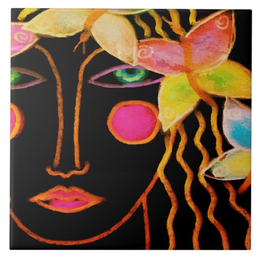 Vrouw met Vlinders Abstracte Kunst Tegeltje (Voorkant)