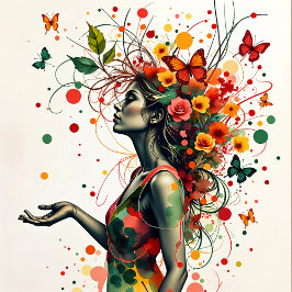 Vrouw met vlinders en bloemen (1 van 4) foto afdruk