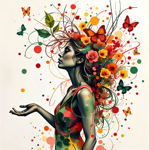 Vrouw met vlinders en bloemen (1 van 4) foto afdruk