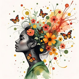 Vrouw met vlinders en bloemen (3 van 4) foto afdruk