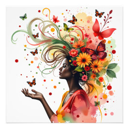 Vrouw met vlinders en bloemen (4 van 4) foto afdruk