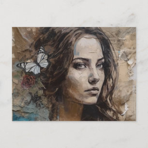 Vrouw Met Vlinders Mixed Media Ansichtkaart Briefkaart