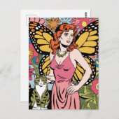 Vrouw met vlindervleugels en haar kat briefkaart (Voorkant / Achterkant)