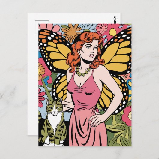 Vrouw met vlindervleugels en haar kat briefkaart (Voorkant / Achterkant)