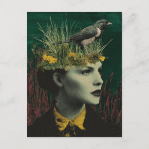 Vrouw Met Vogel Op Haar Hoofd Mixed Media Collage Briefkaart