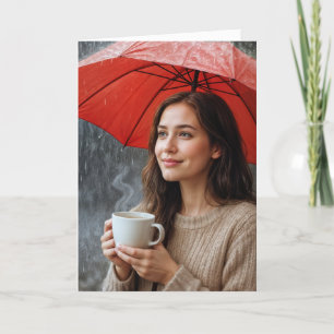 Vrouw met warme koffiekop onder een rode paraplu kaart