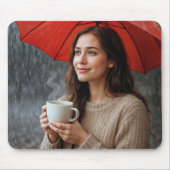 Vrouw met warme koffiekop onder een rode paraplu muismat (Voorkant)